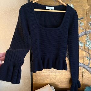 WAYF Square Neck Ruffle Peplum, cable knit Sweater, preppy and classic in navy